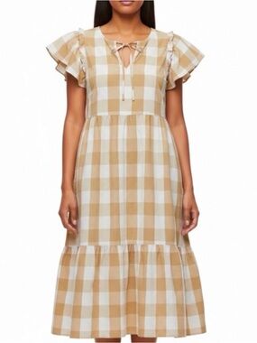 Who What Wear Tan & White Gingham Dress 100% Cotton Size Medium